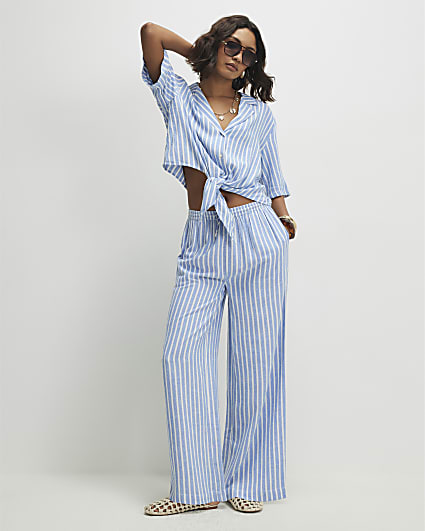 Blue Linen Blend Stripe Trousers