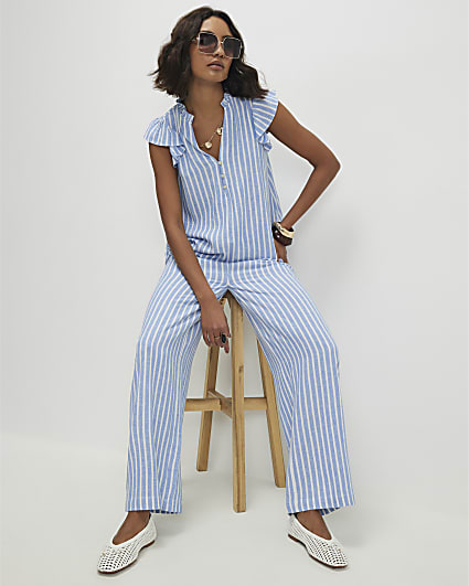 Blue Linen Blend Stripe Frill Blouse