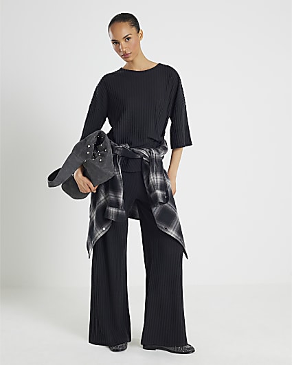 Black Cosy Ribbed Wide Leg Trousers