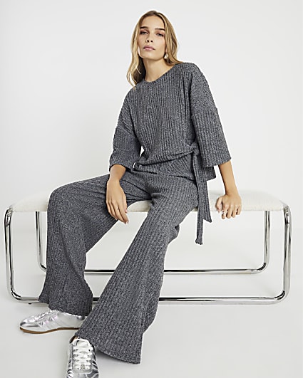 Grey Cosy Ribbed Wide Leg Trousers