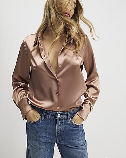 Brown Satin Slim Fit Long Sleeve Shirt