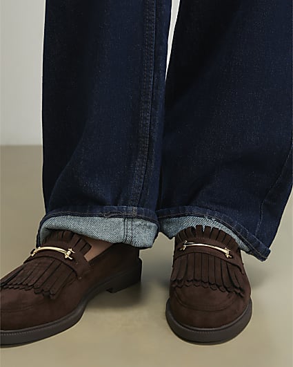 Brown Faux Suede Fringed Loafers