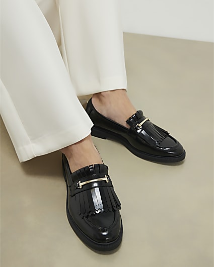 Black Fringe Patent Loafers