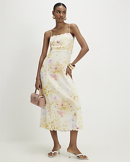 Cream Linen Blend Floral Scallop Midi Dress