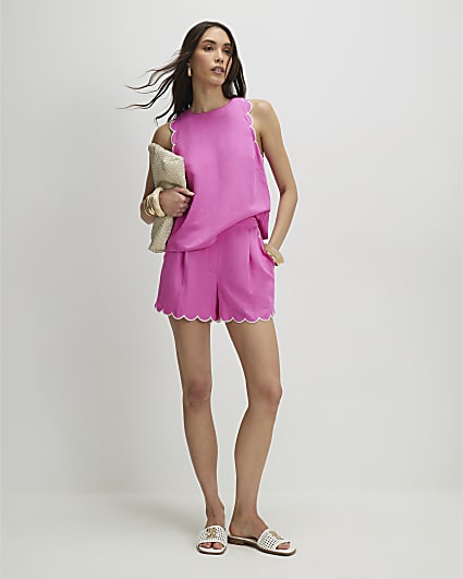 Pink Linen Blend Scallop Trim Shorts