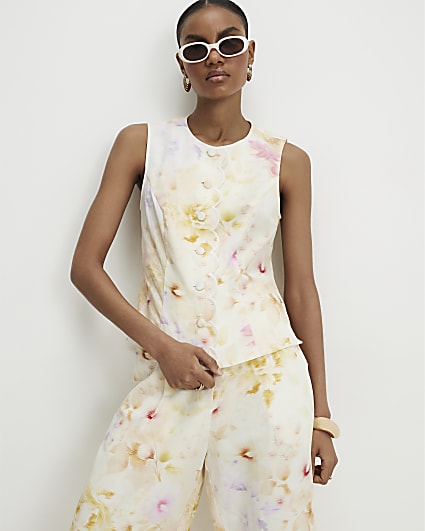 Cream Linen Blend Scallop Trim Waistcoat