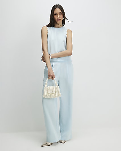 Blue Scallop Trim Wide Leg Trousers