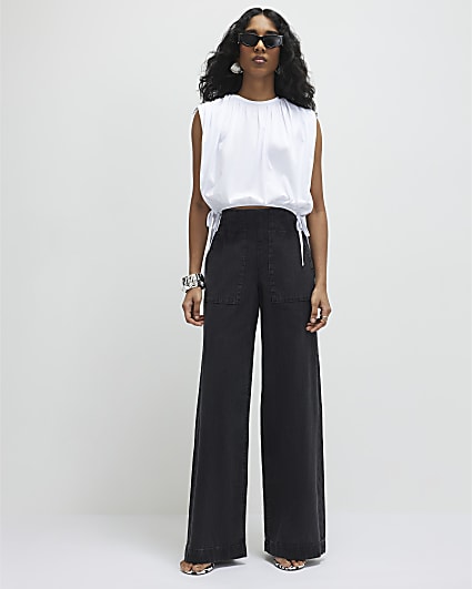 Black Pull On Elasticated Wide Leg Jeans