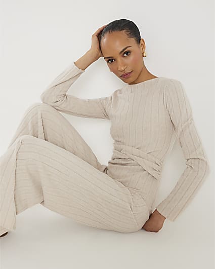 Beige Long Sleeve Twist Front Cosy Top