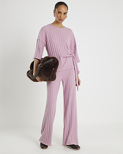 Pink Cosy Ribbed Wide Leg Trousers