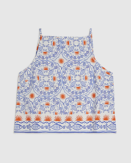 Petite Blue Printed Linen Blend Tank Top