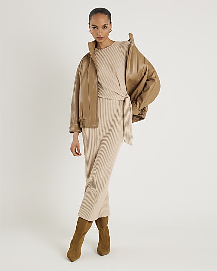 Beige Short Sleeve Cosy Ribbed Midi Dress