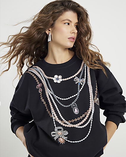 Black Long Sleeve Necklace Trim Sweatshirt
