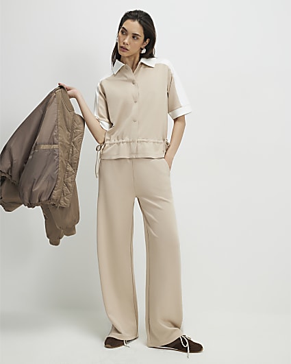 Beige Colour Blocked Wide Leg Trousers