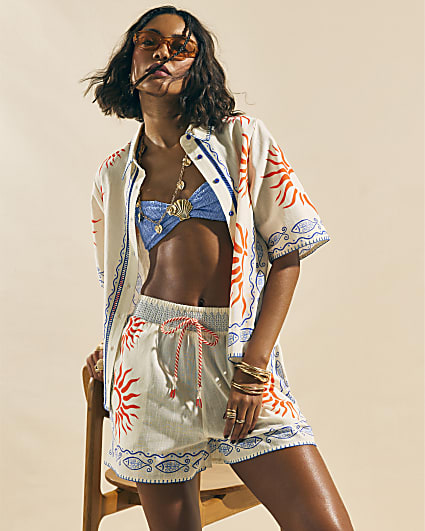 Cream Sun Print Shorts