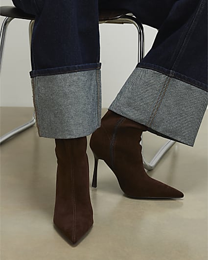 Brown Heeled Sock Ankle Boots