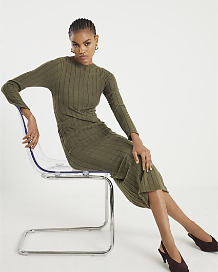Khaki Long Sleeve Cosy Twist Front Midi Dress