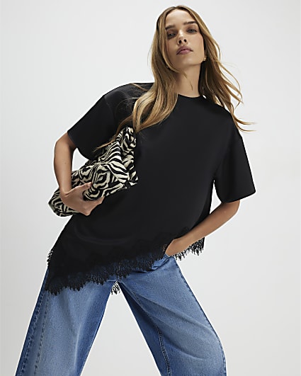 Black Asymmetric Lace Satin T-Shirt