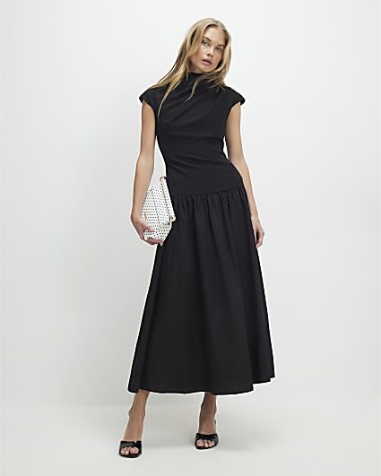 Black Short Sleeve Hybrid Drape Maxi Dress