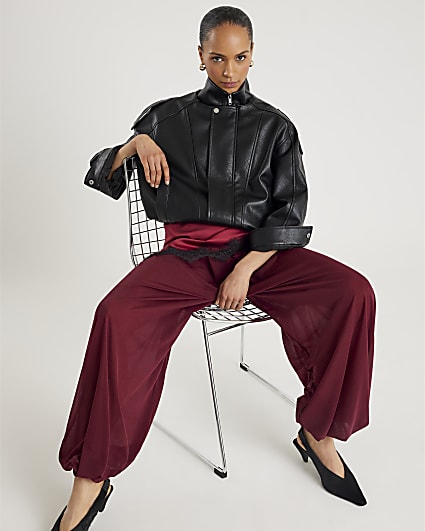 Red Mesh Tie waist Balloon Leg Trousers