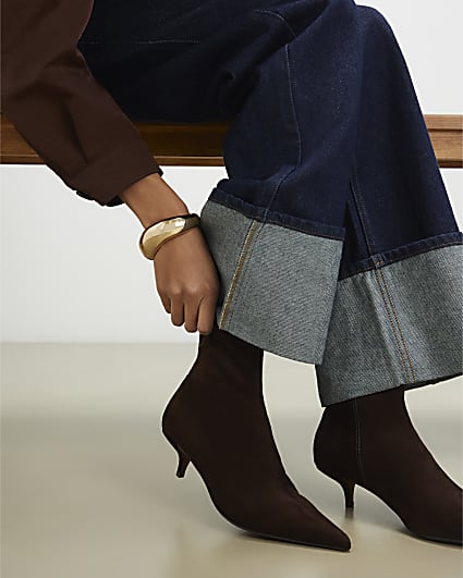 Brown Faux Suede Pointed Toe Sock Boots