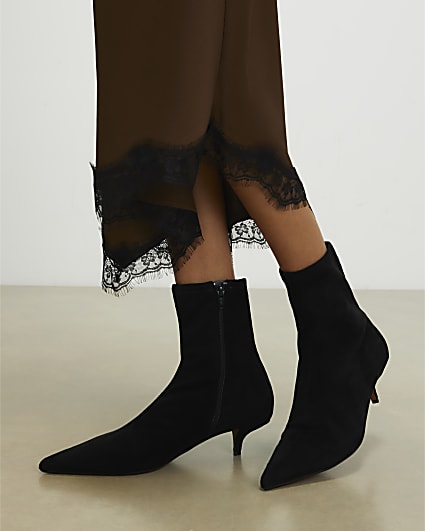Black Faux Suede Pointed Toe Sock Boots