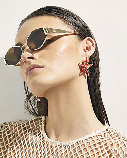 Orange Enamel Starfish Stud Earrings