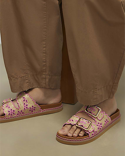 Beige Double Strap Scallop Trim Sandals