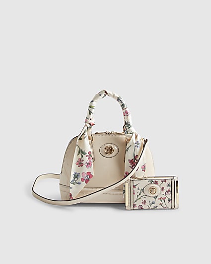 Cream Scarf Handle Cross Body Bundle Bag