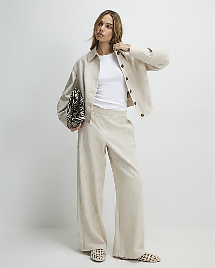 Beige Linen Look Wide Leg Trousers