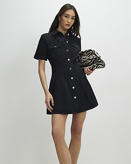 Black Denim Pleat Front Mini Dress