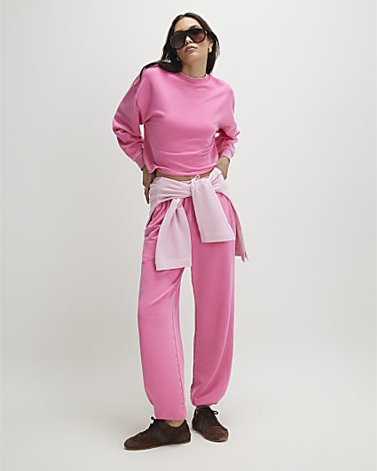 Pink Cotton Blend Burnout Cuffed Joggers