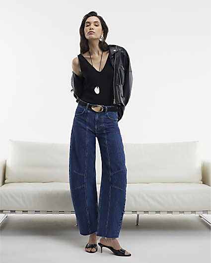 Blue Mid Rise Seamed Raw Hem Barrel Jeans