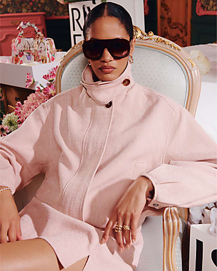 Pink Funnel Neck Bubble Hem Bomber Jacket