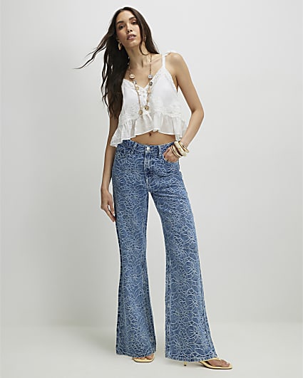 Blue Floral Print Relaxed Straight Jeans