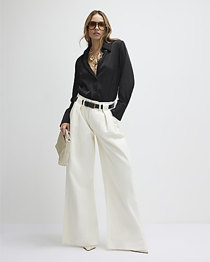 Cream Belted Pleated Wide Leg Jeans