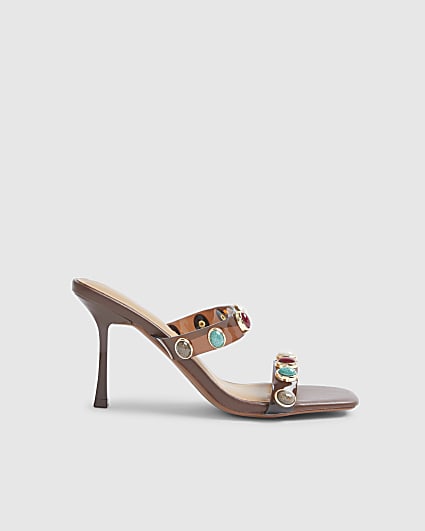 Brown Perspex Gem Heeled Mules