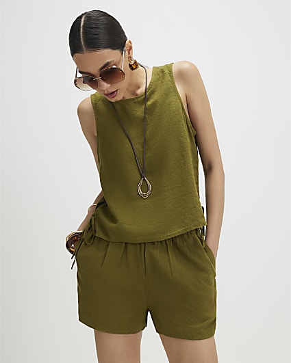 Khaki Linen Blend Tank Top