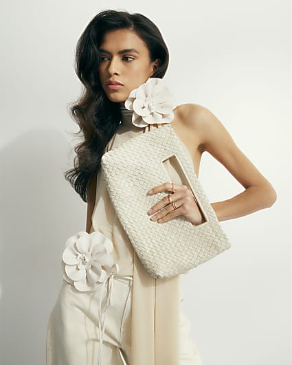 Cream Woven Leather Clutch Bag