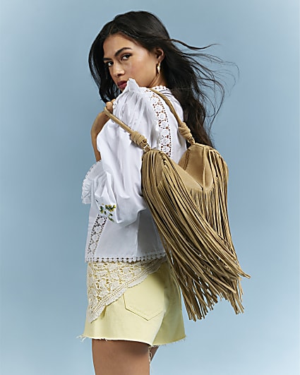 Beige Mega Fringe Suede Cylinder Bag