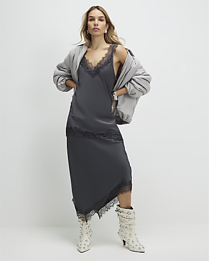 Grey Lace Trim Satin Midi Skirt