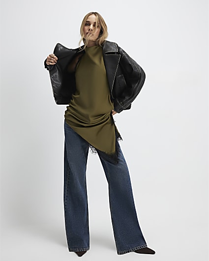 Khaki Longline Lace Trim Halter Neck Top