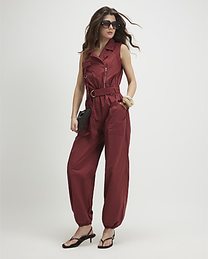 Red Sleeveless Utility Jumpsuit
