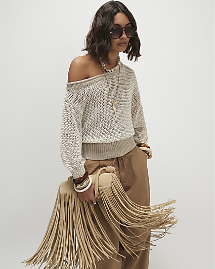 Beige Open Stitch Knitted Off Shoulder Top