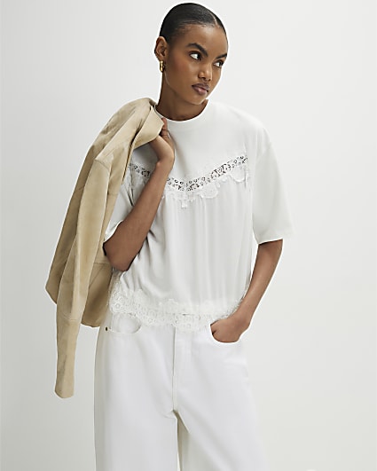 White Cotton Lace Detail T-Shirt