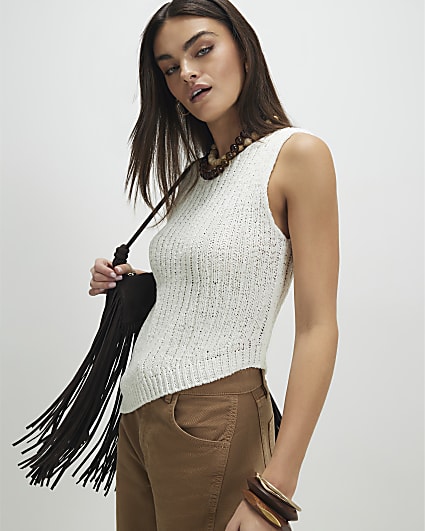 White Sleeveless Asymmetric Knit Vest Top