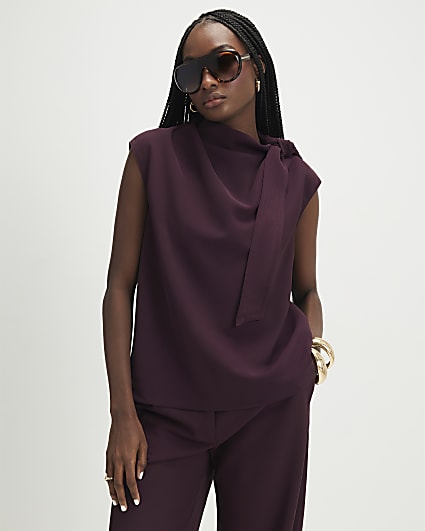 Purple Asymmetric Tie Neck Top