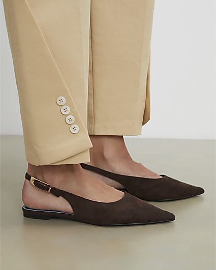 Brown Faux Suede Slingback Flat Shoes