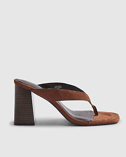 Brown Faux Suede Toe Thong Heeled Sandals
