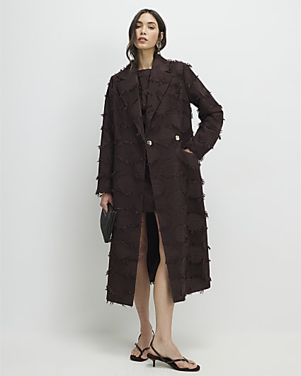 Brown Fringe Longline Duster Coat